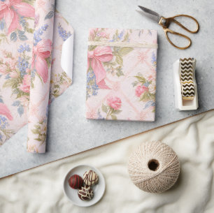 Papel De Regalo Regalo Floral Vintage con Lazo Rosa 