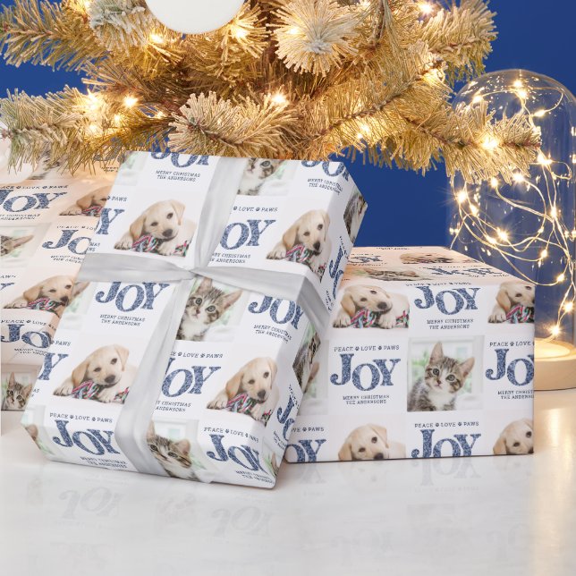 Papel De Regalo Regalo navideño de feriado azul de JOY, Mascota fo (Vacaciones)