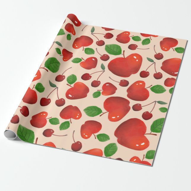 Papel De Regalo Regalo Retro Red Cherry Fruit Orchard (Desenrollado)