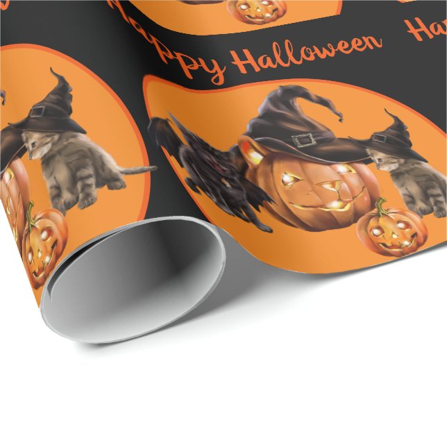 Papel De Regalo Regalo Super Cute Kitty Bat & Witch Halloween (Esquina del rollo)