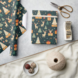 Papel De Regalo Regalos Árboles de Navidad Ciervos Patrón Oscuro O