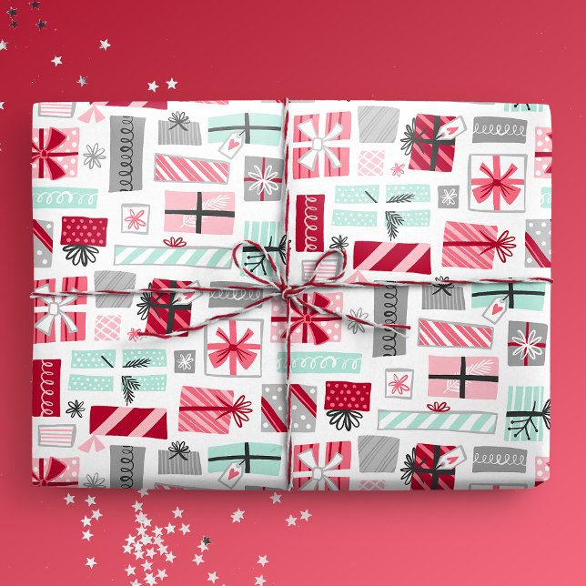 Papel De Regalo Regalos de Navidad en blanco y rojo (Mint and Red Christmas Presents Gift Mockup)