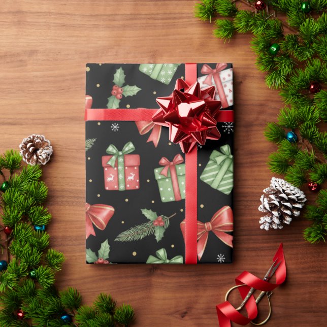 Papel De Regalo Regalos de Navidad, Negro (Regalo de vacaciones)