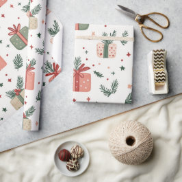 Papel De Regalo Regalos de Rojo y Verde con Ramitas de Pino Navida