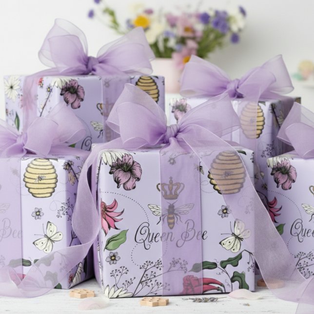 Papel De Regalo Reina Abeja Floral Elegante (Elegant Queen Bee Wrapping Paper for Her. Lavender Bridal Shower Gift Wrap. Botanical Floral Pattern)