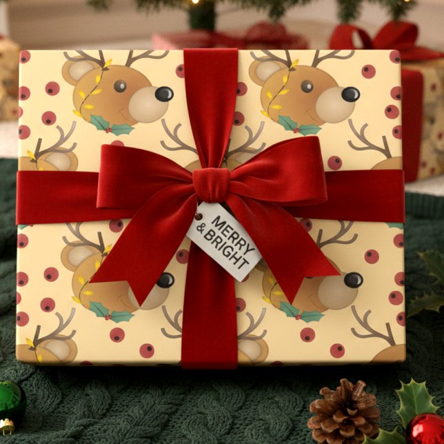 Papel De Regalo Reindeer Teddy Bear With Lights Beige Christmas (This bear’s got antlers, mistletoe, and three festive colors. Beige, green, or maroon. You choose.)