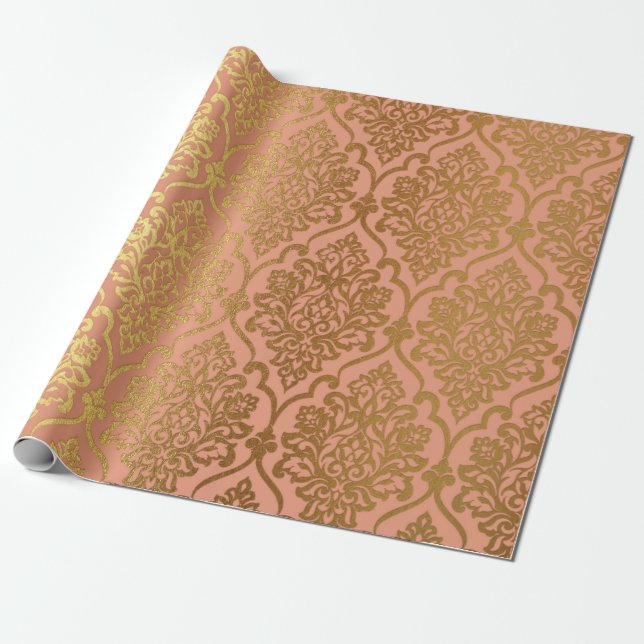 Papel De Regalo Relieve metalizado de Oro Salmon Pastel Damask (Desenrollado)