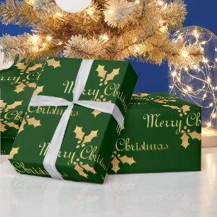 Papel De Regalo Relieve metalizado dorado Holly Merry Christmas