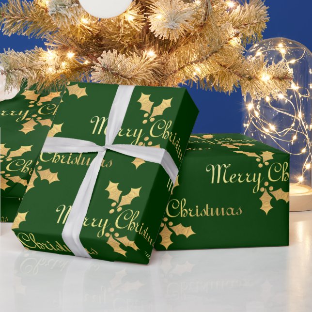 Papel De Regalo Relieve metalizado dorado Holly Merry Christmas (Vacaciones)