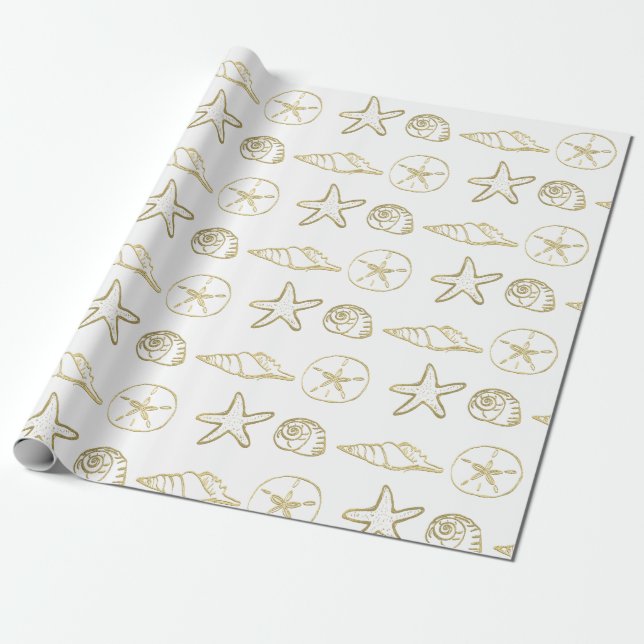 Papel De Regalo Relieve metalizado dorado Mirar conchas marinas Mo (Desenrollado)