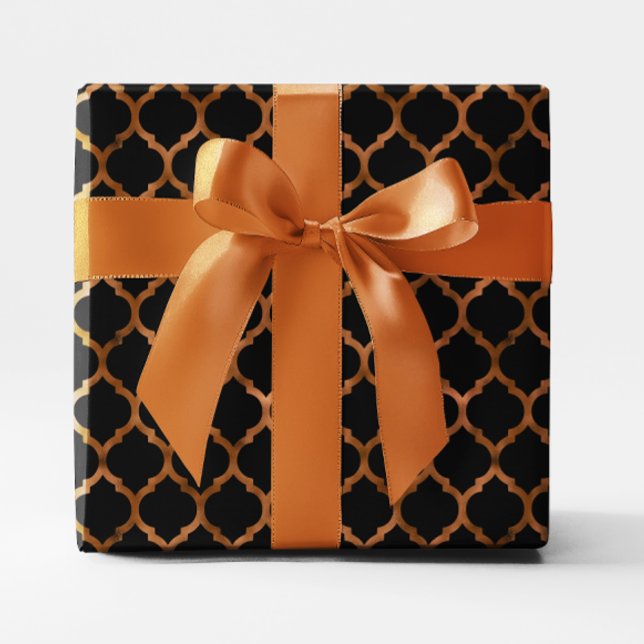 Papel De Regalo Relieve metalizado falso de cobre y quatrefoil neg (Faux Copper Foil and black Quatrefoil Wrapping Paper)