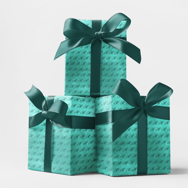 Papel De Regalo Relieve metalizado Fancy Monograma brillante Turqu (Teal Fancy Monogram Shiny Turquoise Faux Foil Wrapping Paper)