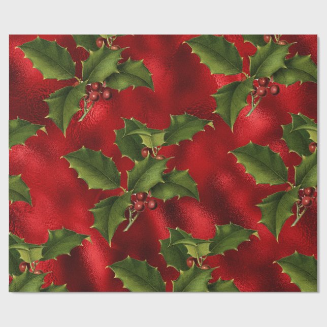 Papel De Regalo Relieve metalizado Faux Rojo de Lujo, Green Holly, (Superficie plana)