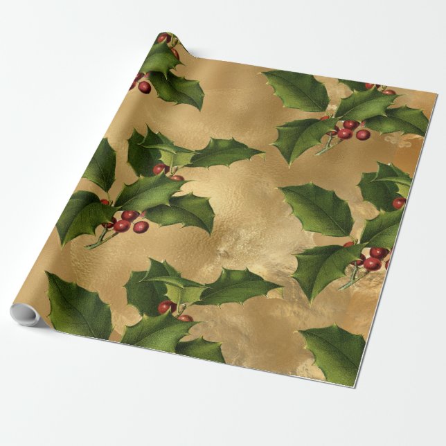 Papel De Regalo Relieve metalizado Luxe Gold Faux, Green Holly, Re (Desenrollado)