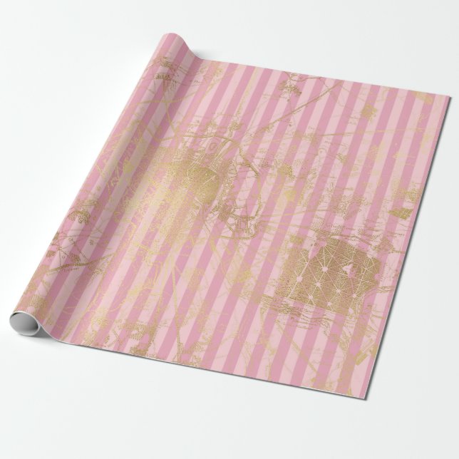 Papel De Regalo Relieve metalizado París rosado y dorado (Desenrollado)