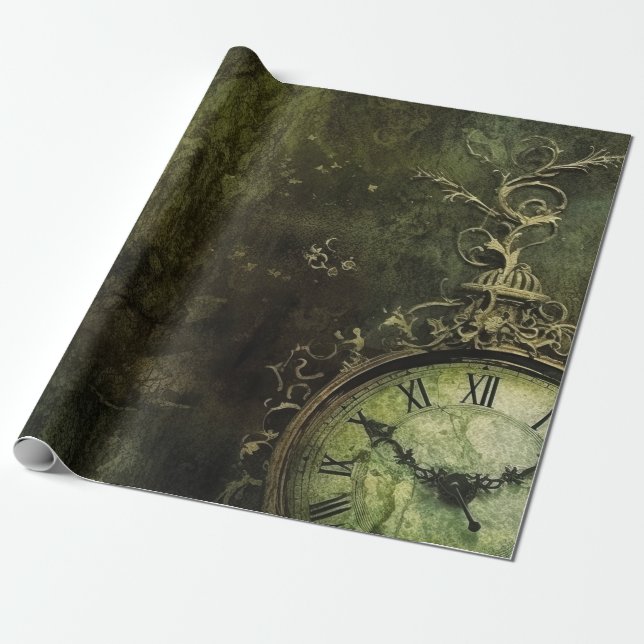 Papel De Regalo Reloj de Steampunk Rústico Esmeralda Verde (9) (Desenrollado)