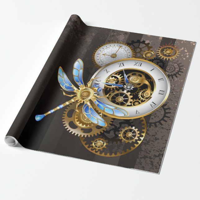 Papel De Regalo Reloj de vapor con libélula mecánica (Desenrollado)