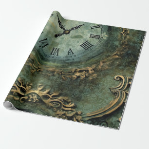 Papel De Regalo Reloj Steampunk Rústico Verde Esmeralda