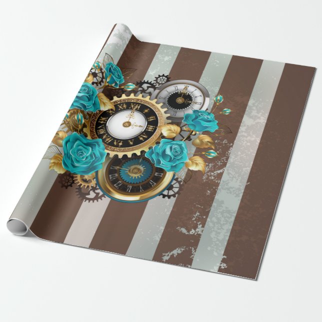 Papel De Regalo Reloj Steampunk y Rosas turquesas a rayas (Desenrollado)