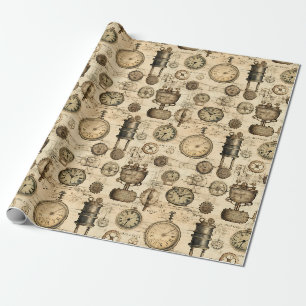 Papel De Regalo Reloj vintage de estilo steampunk en pergamino mar