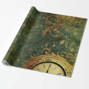 Papel De Regalo Relojería Antigua Esmeralda Verde Steampunk
