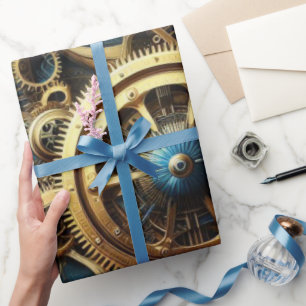 Papel De Regalo Relojería Steampunk Dorado y Turquesa