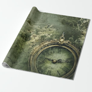 Papel De Regalo Relojería Victoriana Steampunk en Verde Esmeralda