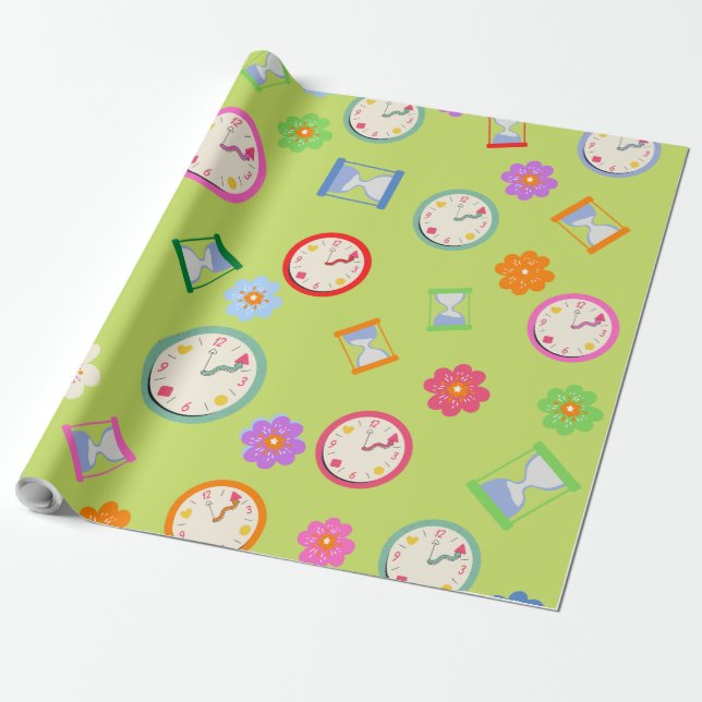 Papel De Regalo Relojes modernos y flores fiesta verde (Desenrollado)