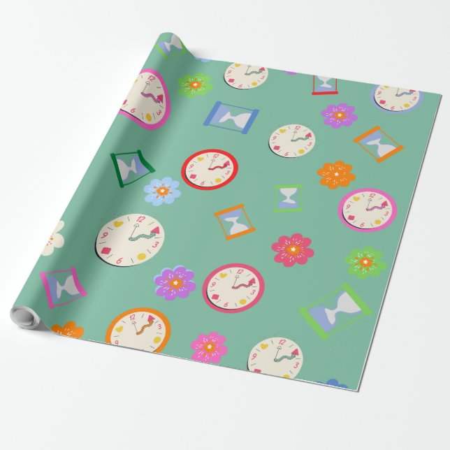 Papel De Regalo Relojes y flores adorables fiesta verde (Desenrollado)