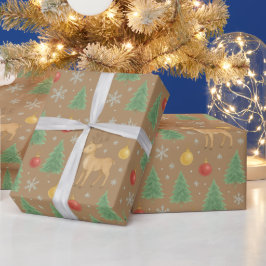 Papel De Regalo Reno acuarela y árbol de Navidad -