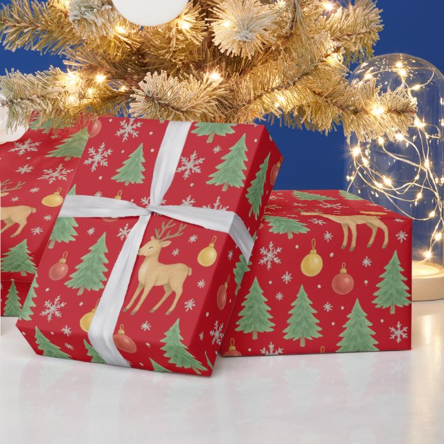 Papel De Regalo Reno acuarela y árbol de Navidad - (Vacaciones)