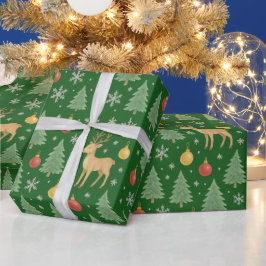 Papel De Regalo Reno acuarela y árbol de Navidad -