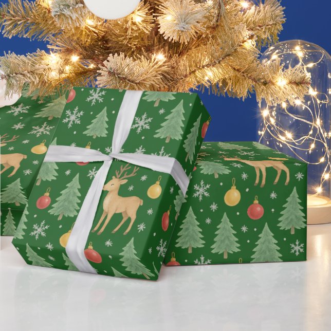 Papel De Regalo Reno acuarela y árbol de Navidad - (Vacaciones)