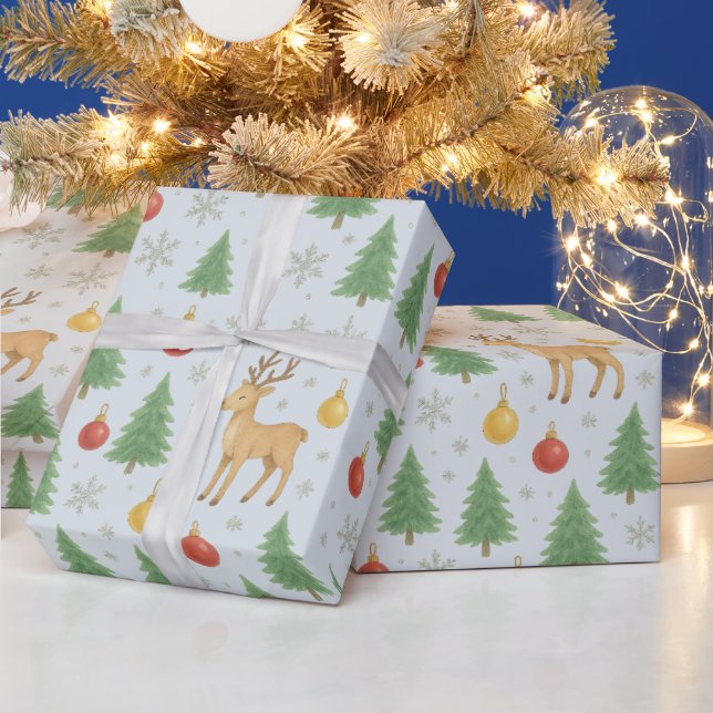 Papel De Regalo Reno acuarela y árbol de Navidad - (Vacaciones)