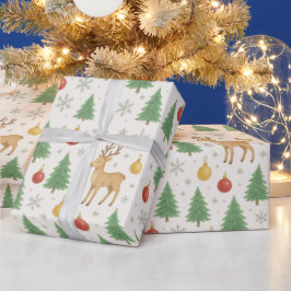 Papel De Regalo Reno acuarela y árbol de Navidad -