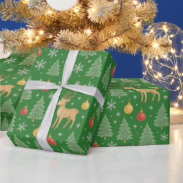 Papel De Regalo Reno acuarela y árbol de Navidad -