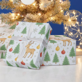 Papel De Regalo Reno acuarela y árbol de Navidad -