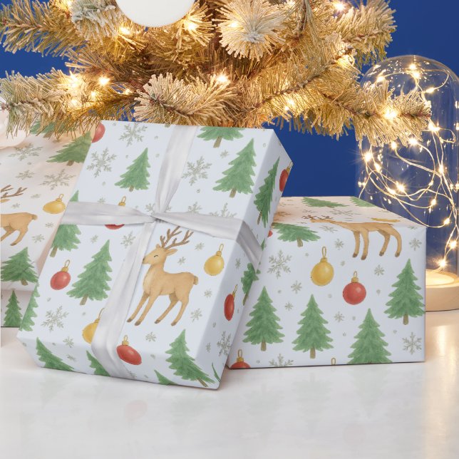Papel De Regalo Reno acuarela y árbol de Navidad - (Vacaciones)