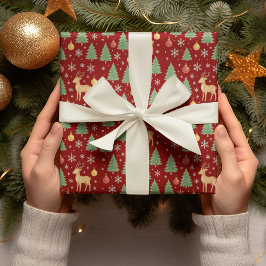 Papel De Regalo Reno acuarela y árbol de Navidad -