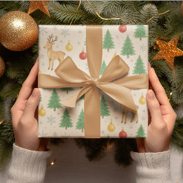 Papel De Regalo Reno acuarela y árbol de Navidad -