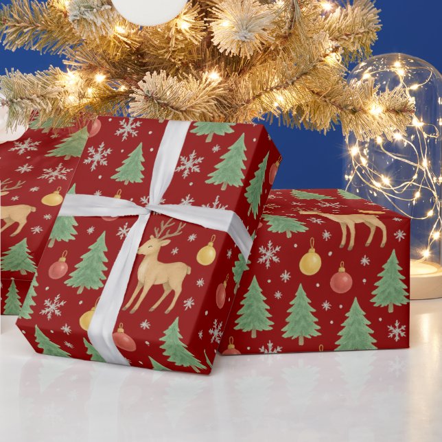 Papel De Regalo Reno acuarela y árbol de Navidad - (Vacaciones)
