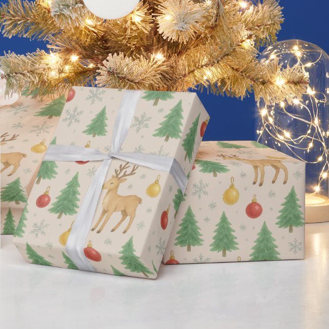 Papel De Regalo Reno acuarela y árbol de Navidad - (Vacaciones)