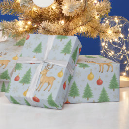 Papel De Regalo Reno acuarela y árbol de Navidad -