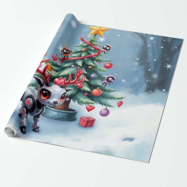 Papel De Regalo Reno ciberpunk lindo con árbol de Navidad (Desenrollado)