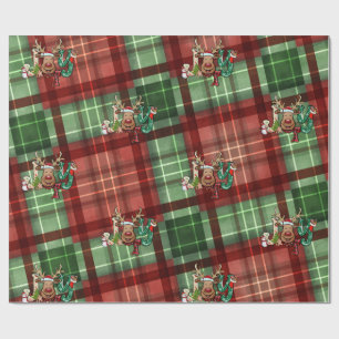 Papel De Regalo Reno ciervo de cuadros escoceses rojo y verde, muñ