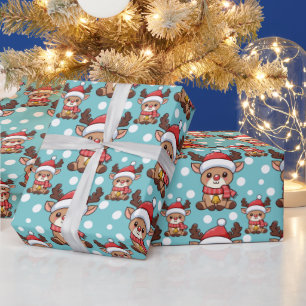 Papel De Regalo Reno de Navidad con sombrero de Santa