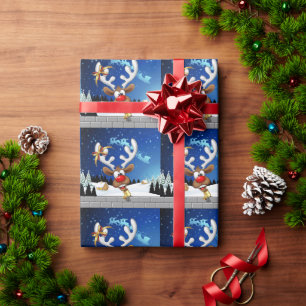 Papel De Regalo Reno Divertido Espiando Meme de Navidad