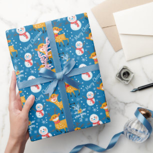Papel De Regalo Reno dulce y azul Snowman