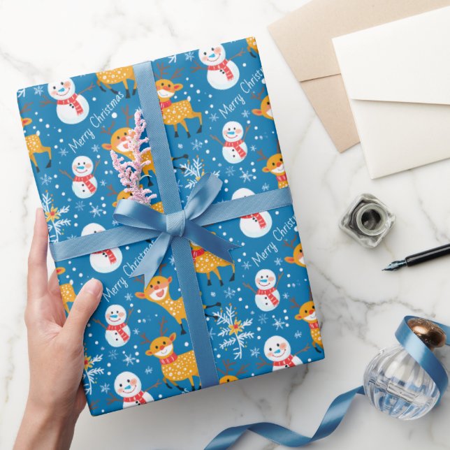 Papel De Regalo Reno dulce y azul Snowman (Regalar)