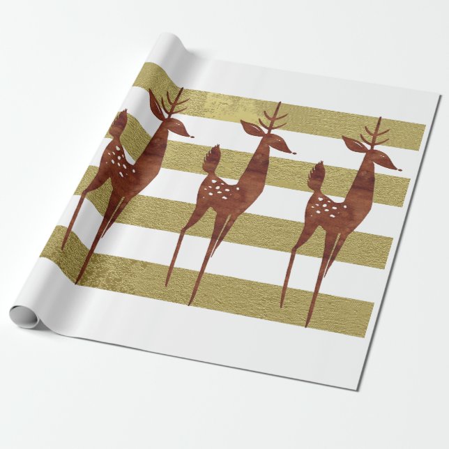 Papel De Regalo Reno elegante de rayas blancas de oro (Desenrollado)